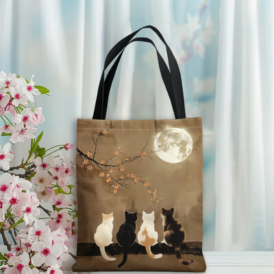 1 db elegáns Kitten Moon és Cat hordtáska nagy kapacitású bevásárlótáska Hordozható alkalmi kézitáska Valentin-napi ajándék válltáska