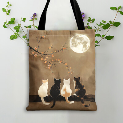 1 gab Chic Kitten Moon and Cat Tote Bag Lielas ietilpības iepirkumu soma Pārnēsājama ikdienas rokassomiņa Izmantojiet Valentīna dienas dāvanu plecu somiņu