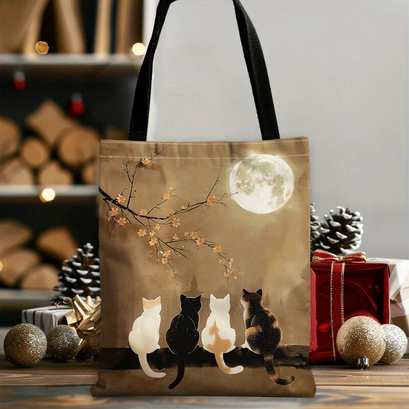 1 gab Chic Kitten Moon and Cat Tote Bag Lielas ietilpības iepirkumu soma Pārnēsājama ikdienas rokassomiņa Izmantojiet Valentīna dienas dāvanu plecu somiņu
