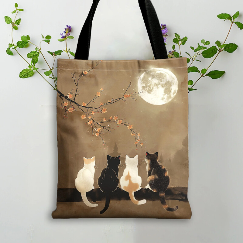 1 gab Chic Kitten Moon and Cat Tote Bag Lielas ietilpības iepirkumu soma Pārnēsājama ikdienas rokassomiņa Izmantojiet Valentīna dienas dāvanu plecu somiņu