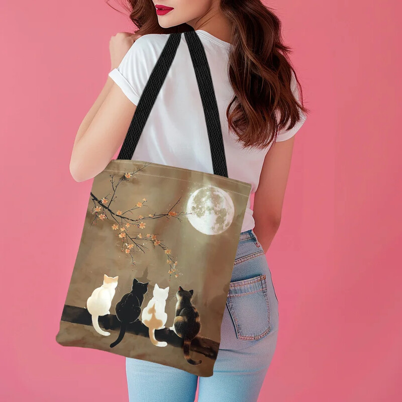 1 gab Chic Kitten Moon and Cat Tote Bag Lielas ietilpības iepirkumu soma Pārnēsājama ikdienas rokassomiņa Izmantojiet Valentīna dienas dāvanu plecu somiņu
