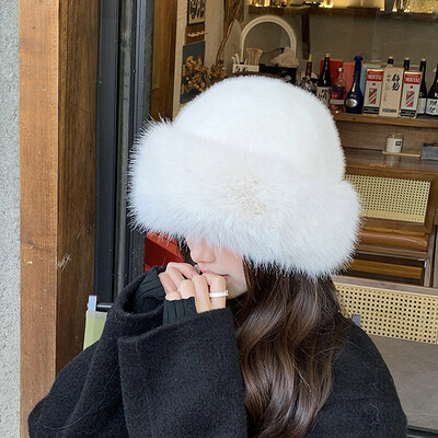 Pălărie cu găleată din blană artificială pufoasă pentru femei Pălărie de pescar din pluș de lux Pălărie caldă de iarnă Se îngroașă șapca Panama, ziua rece, cu zăpadă