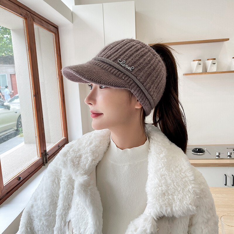 Ženske zimske kape sa šiltom Pleteni kratki šilteri Prazan vrh Održava toplinu Modne jednobojne kape za kosu s repom
