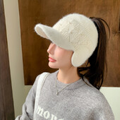 Căciuli de iarnă pentru femei, călărie cu viziere, tricotate, lână, groase pentru urechi, șapcă pentru femei, cu decorațiuni de perle