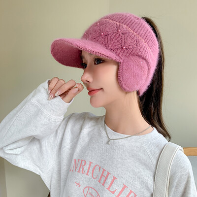 Căciuli de iarnă pentru femei, călărie cu viziere, tricotate, lână, groase pentru urechi, șapcă pentru femei, cu decorațiuni de perle