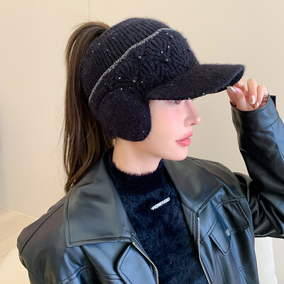 Căciuli de iarnă pentru femei, călărie cu viziere, tricotate, lână, groase pentru urechi, șapcă pentru femei, cu decorațiuni de perle