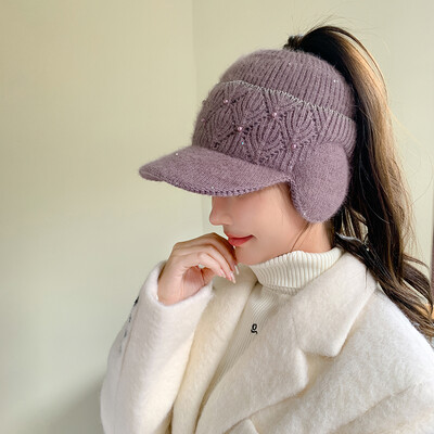 Căciuli de iarnă pentru femei, călărie cu viziere, tricotate, lână, groase pentru urechi, șapcă pentru femei, cu decorațiuni de perle