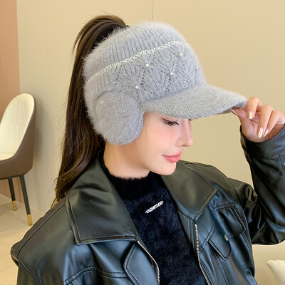 Căciuli de iarnă pentru femei, călărie cu viziere, tricotate, lână, groase pentru urechi, șapcă pentru femei, cu decorațiuni de perle