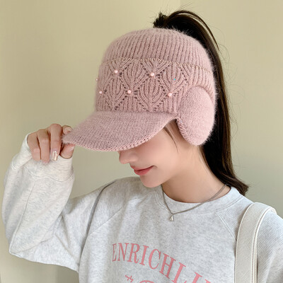 Căciuli de iarnă pentru femei, călărie cu viziere, tricotate, lână, groase pentru urechi, șapcă pentru femei, cu decorațiuni de perle