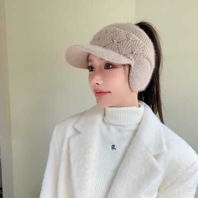 Căciuli de iarnă pentru femei, călărie cu viziere, tricotate, lână, groase pentru urechi, șapcă pentru femei, cu decorațiuni de perle