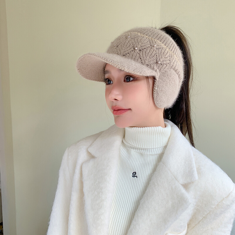 Căciuli de iarnă pentru femei, călărie cu viziere, tricotate, lână, groase pentru urechi, șapcă pentru femei, cu decorațiuni de perle