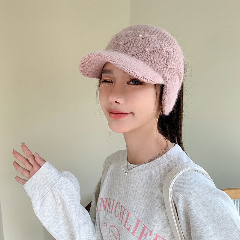 Căciuli de iarnă pentru femei, călărie cu viziere, tricotate, lână, groase pentru urechi, șapcă pentru femei, cu decorațiuni de perle