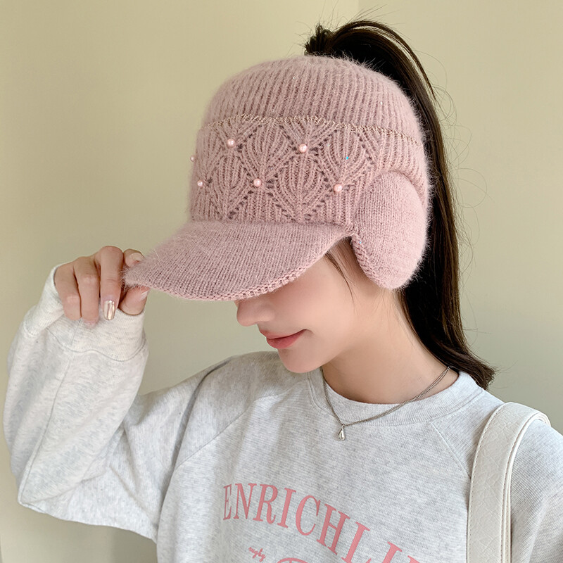 Căciuli de iarnă pentru femei, călărie cu viziere, tricotate, lână, groase pentru urechi, șapcă pentru femei, cu decorațiuni de perle