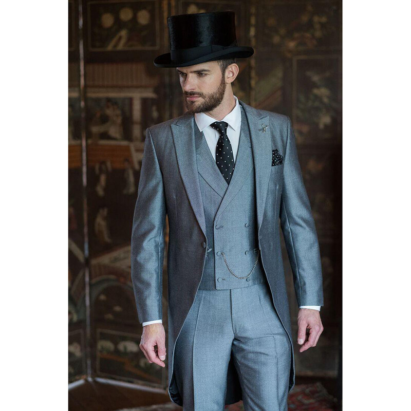 Skaists pelēks, tievs smokings vīriešu uzvalks Peak atloks, 3 daļ. (jaka + bikses + veste) Vīriešu oficiālu kāzu ballīšu komplekts