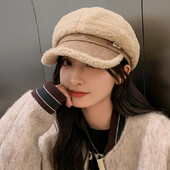 Căciuli de iarnă din lână de miel pentru femei, coreeană, îngroșă, beretă octogonală, cu șapcă pentru pictor, din pluș, rezistentă la rece