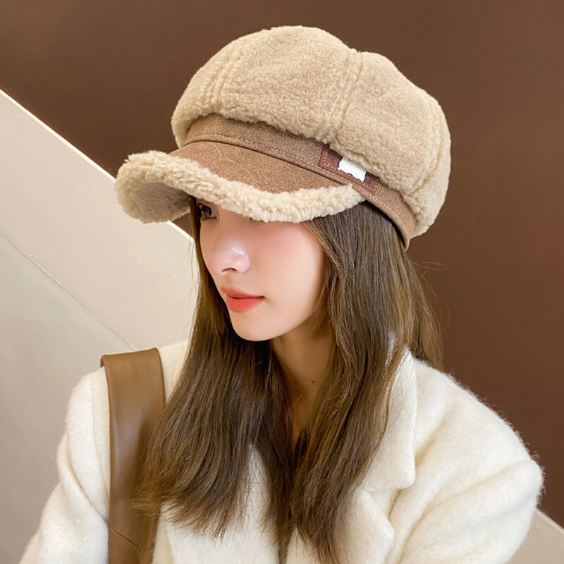Căciuli de iarnă din lână de miel pentru femei, coreeană, îngroșă, beretă octogonală, cu șapcă pentru pictor, din pluș, rezistentă la rece