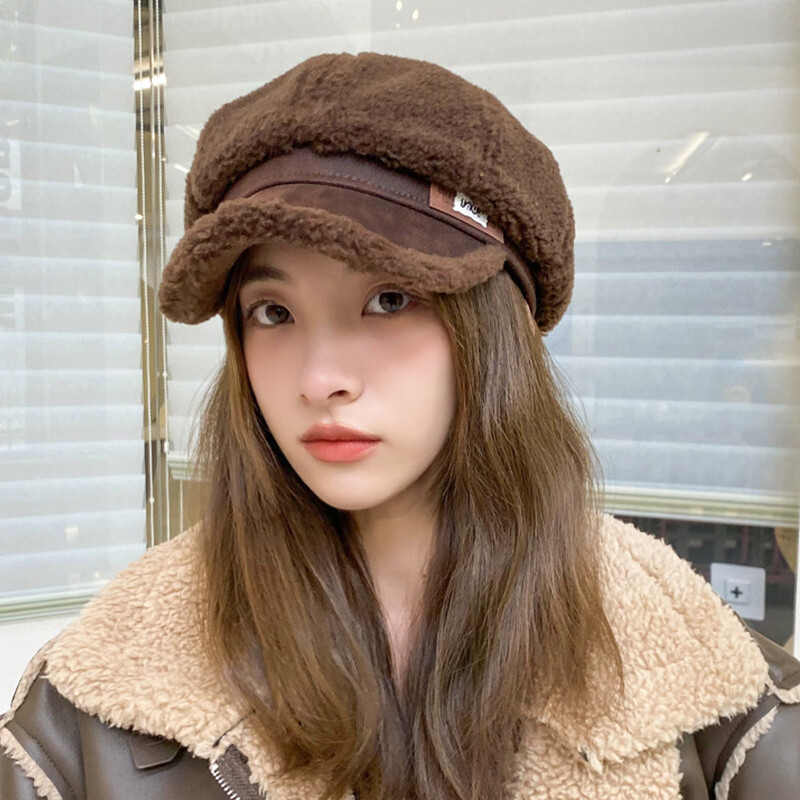 Căciuli de iarnă din lână de miel pentru femei, coreeană, îngroșă, beretă octogonală, cu șapcă pentru pictor, din pluș, rezistentă la rece