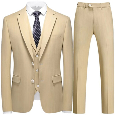 3 gab Modes jauns vīriešu brīvā laika Boutique Biznesa rūtains Svītrains uzvalks Vestes Bikses Komplekts Ikdienas kleita Blazeri Jaka Mētelis Bikses