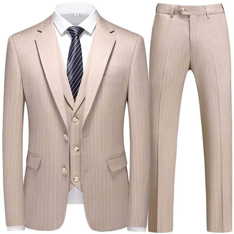 3 gab Modes jauns vīriešu brīvā laika Boutique Biznesa rūtains Svītrains uzvalks Vestes Bikses Komplekts Ikdienas kleita Blazeri Jaka Mētelis Bikses