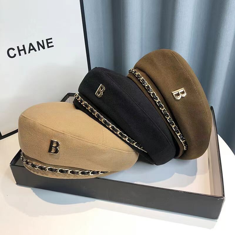 Nouă beretă cu lanț pălărie pentru femei șapcă iarnă retro maro negru artist plat moda doamnă fete șapcă vintage stil star