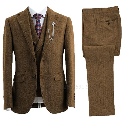 Costum 3 piese pentru bărbați Tweed Herringbone Smoking de nuntă la două piese Dimensiune Îmbrăcăminte pentru bărbați Stil casual Costum de modă pentru bărbați