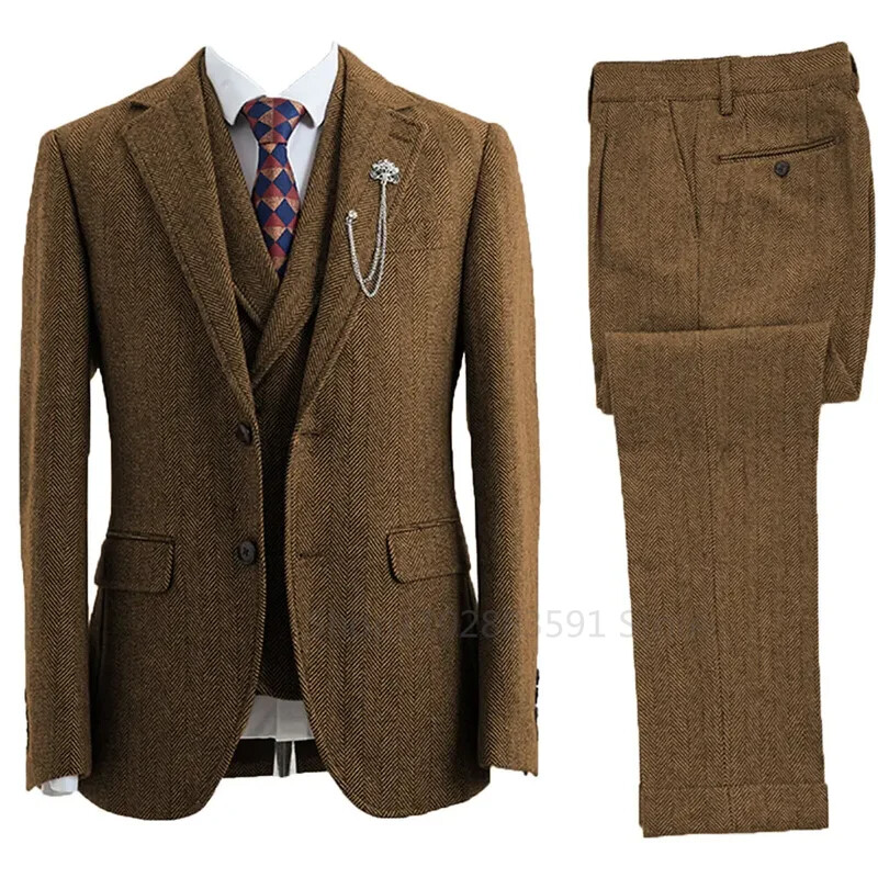 Costum 3 piese pentru bărbați Tweed Herringbone Smoking de nuntă la două piese Dimensiune Îmbrăcăminte pentru bărbați Stil casual Costum de modă pentru bărbați