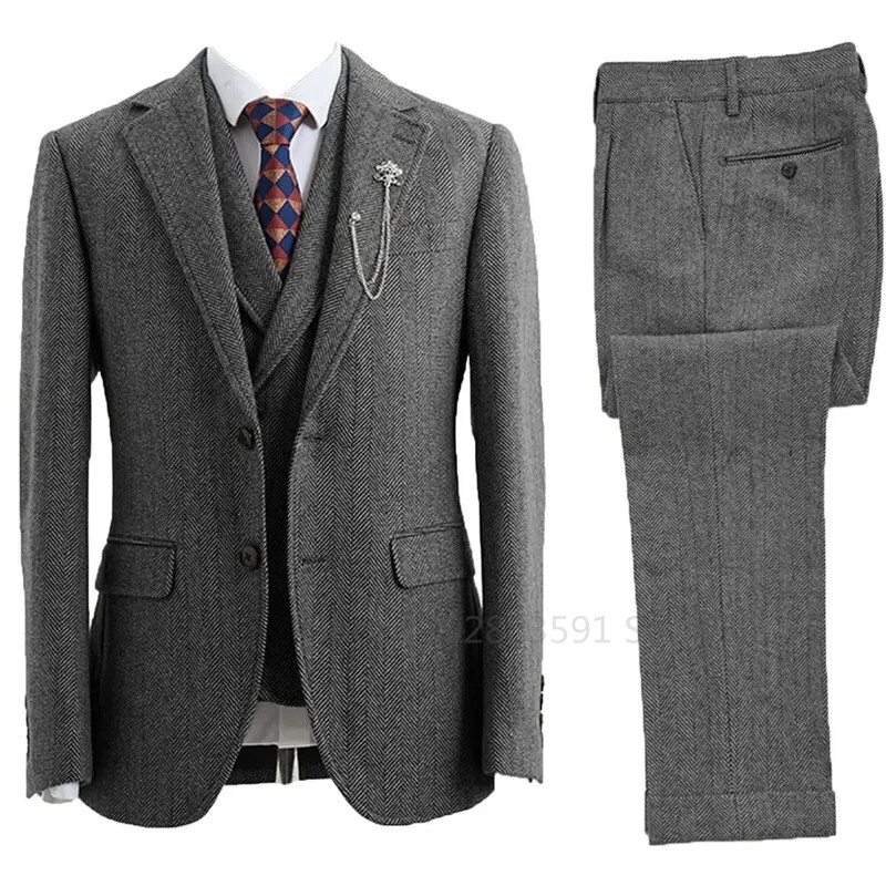 Costum 3 piese pentru bărbați Tweed Herringbone Smoking de nuntă la două piese Dimensiune Îmbrăcăminte pentru bărbați Stil casual Costum de modă pentru bărbați