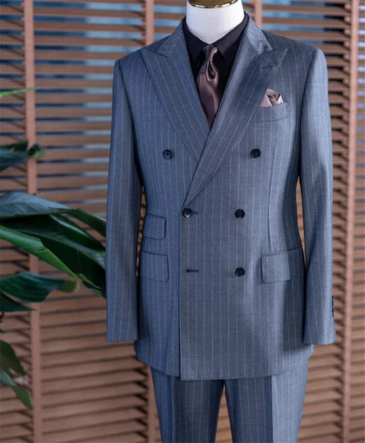 Costume pentru bărbați cu dungi gri, 2 buc, îmbrăcăminte clasică de afaceri, blazer, pantaloni, personalizat, pentru petrecere formală, smoking de mire pentru nuntă