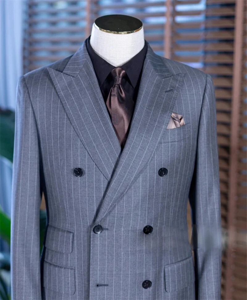 Costume pentru bărbați cu dungi gri, 2 buc, îmbrăcăminte clasică de afaceri, blazer, pantaloni, personalizat, pentru petrecere formală, smoking de mire pentru nuntă