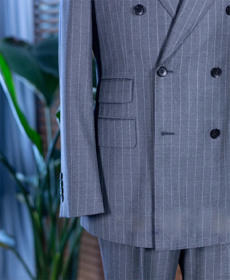 Costume pentru bărbați cu dungi gri, 2 buc, îmbrăcăminte clasică de afaceri, blazer, pantaloni, personalizat, pentru petrecere formală, smoking de mire pentru nuntă