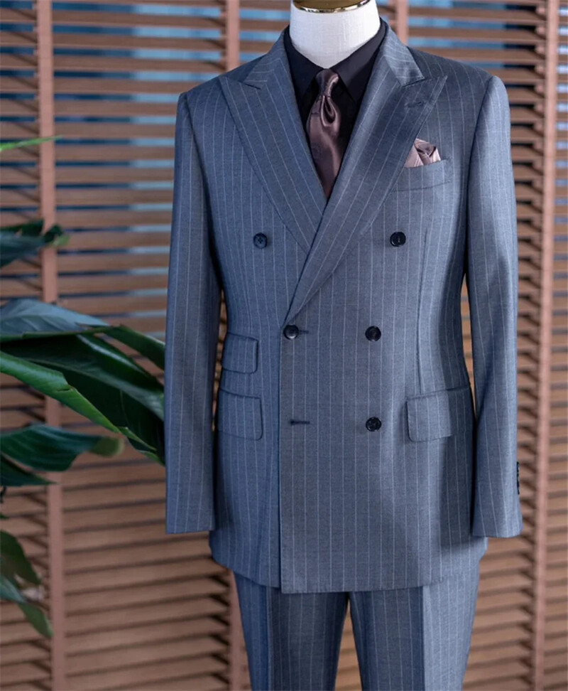Costume pentru bărbați cu dungi gri, 2 buc, îmbrăcăminte clasică de afaceri, blazer, pantaloni, personalizat, pentru petrecere formală, smoking de mire pentru nuntă