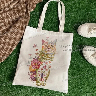 Geantă de mână cu pisici și flori pentru femei, estetică vintage, design pisicuță, genți de cumpărături pentru fete adolescente, geantă reutilizabilă, geantă de umăr pentru femei