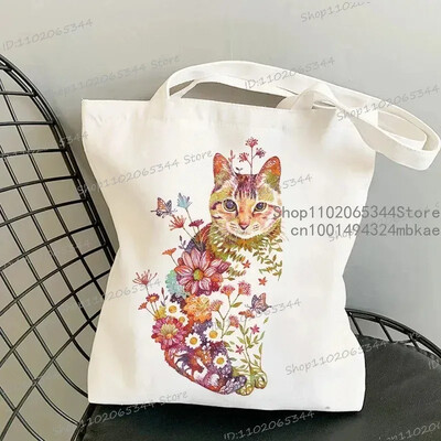Geantă de mână cu pisici și flori pentru femei, estetică vintage, design pisicuță, genți de cumpărături pentru fete adolescente, geantă reutilizabilă, geantă de umăr pentru femei
