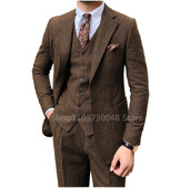 Costum de nuntă pentru bărbați, 3 piese, gri/maro, din tweed în spina de pește, smoking de bal, rever, tweed pentru afaceri, slim fit (blazer + vestă + pantaloni)