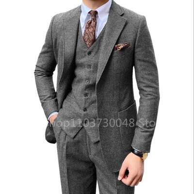 Costum de nuntă pentru bărbați, 3 piese, gri/maro, din tweed în spina de pește, smoking de bal, rever, tweed pentru afaceri, slim fit (blazer + vestă + pantaloni)