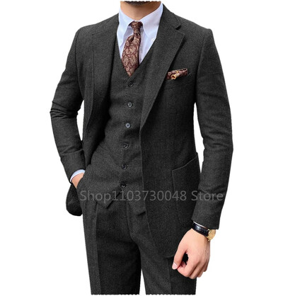 Costum de nuntă pentru bărbați, 3 piese, gri/maro, din tweed în spina de pește, smoking de bal, rever, tweed pentru afaceri, slim fit (blazer + vestă + pantaloni)