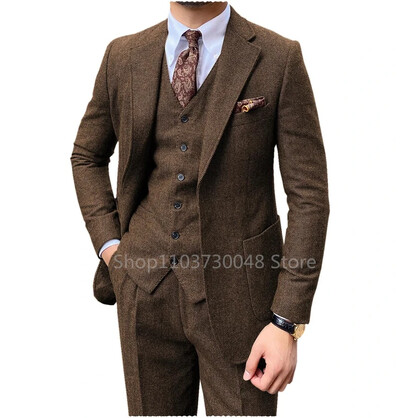 Costum de nuntă pentru bărbați, 3 piese, gri/maro, din tweed în spina de pește, smoking de bal, rever, tweed pentru afaceri, slim fit (blazer + vestă + pantaloni)