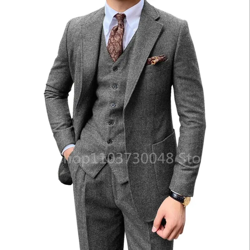 Costum de nuntă pentru bărbați, 3 piese, gri/maro, din tweed în spina de pește, smoking de bal, rever, tweed pentru afaceri, slim fit (blazer + vestă + pantaloni)