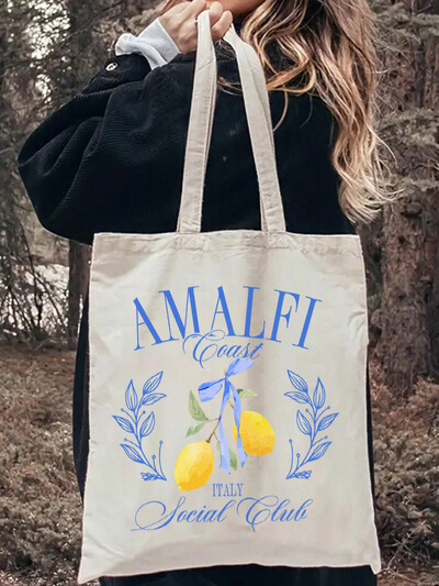 1 бр. Lemons Pattern Tote Bag Ежедневна платнена чанта за през рамо Преносима дамска чанта за училищни пътувания Пазарски чанти за жени