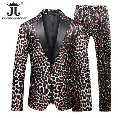 ( Blazer + Pantaloni) Stage Host Apparel Costum pentru bărbați Club de noapte Balul Social Slim Tuxedo Moda Cool Rochie cu imprimeu leopard Costum formal
