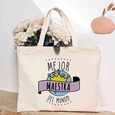 Cea mai bună profesoară din lume, geantă de umăr pentru femei cu imprimeu spaniol, genți de cumpărături din pânză, genți de mână pentru femei, toc reutilizabil, cadou pentru profesor