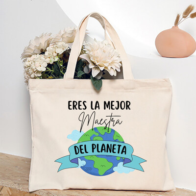 Cea mai bună profesoară din lume, geantă de umăr pentru femei cu imprimeu spaniol, genți de cumpărături din pânză, genți de mână pentru femei, toc reutilizabil, cadou pentru profesor