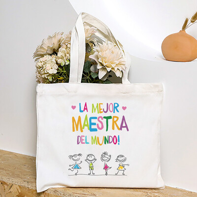 Cea mai bună profesoară din lume, geantă de umăr pentru femei cu imprimeu spaniol, genți de cumpărături din pânză, genți de mână pentru femei, toc reutilizabil, cadou pentru profesor