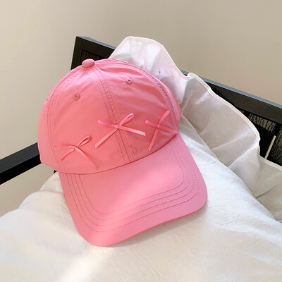 Pălărie de primăvară de vară pentru femei, Coreea de Sud, culoare uni, fundă roz, șapcă de baseball cu uscare rapidă, pălărie respirabilă, pălărie drăguță, cadou pentru fete