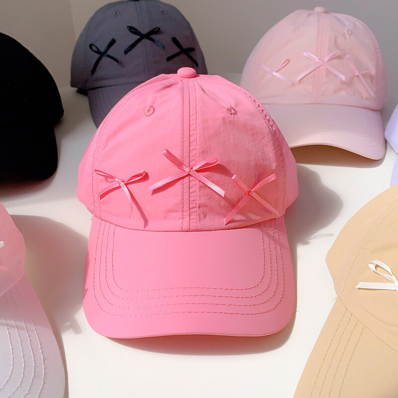 Pălărie de primăvară de vară pentru femei, Coreea de Sud, culoare uni, fundă roz, șapcă de baseball cu uscare rapidă, pălărie respirabilă, pălărie drăguță, cadou pentru fete