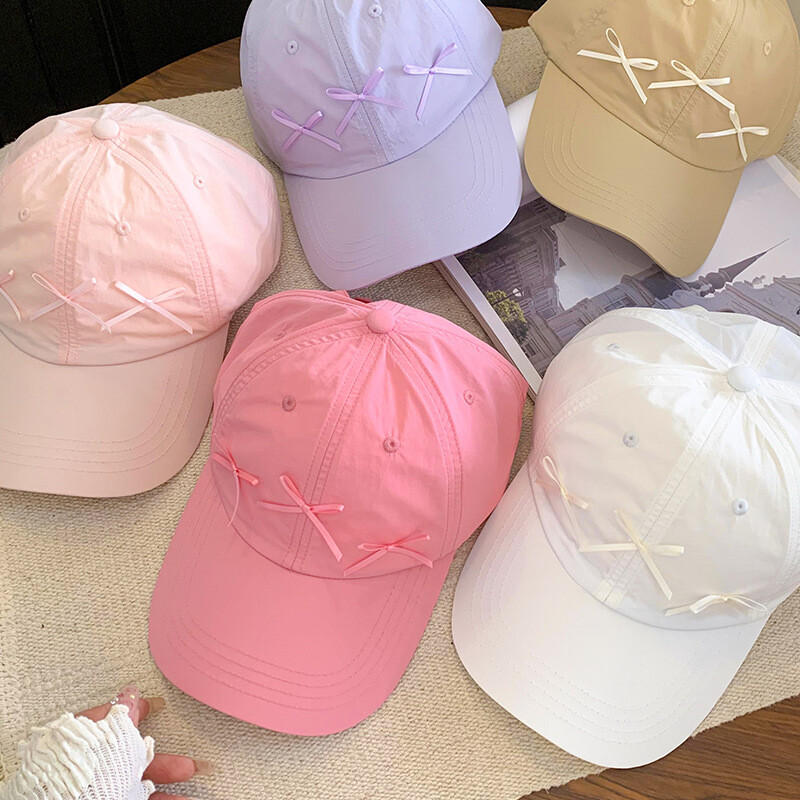Pălărie de primăvară de vară pentru femei, Coreea de Sud, culoare uni, fundă roz, șapcă de baseball cu uscare rapidă, pălărie respirabilă, pălărie drăguță, cadou pentru fete