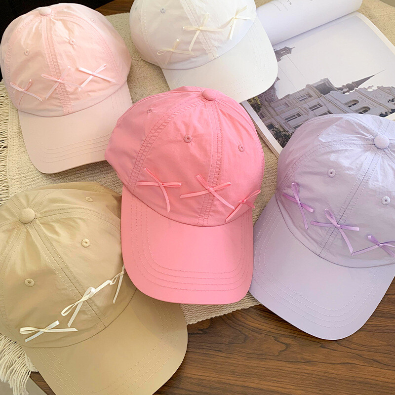 Pălărie de primăvară de vară pentru femei, Coreea de Sud, culoare uni, fundă roz, șapcă de baseball cu uscare rapidă, pălărie respirabilă, pălărie drăguță, cadou pentru fete