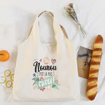 Mulțumesc Nounou Geantă de umăr cu imprimeu francez Geantă tote din pânză Genți de mână pentru femei Harajuku Genți de cumpărături reutilizabile Cadou pentru Nounou