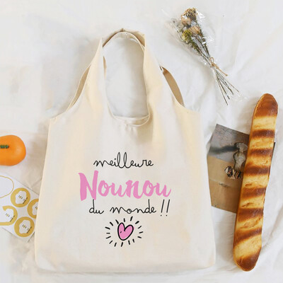 Mulțumesc Nounou Geantă de umăr cu imprimeu francez Geantă tote din pânză Genți de mână pentru femei Harajuku Genți de cumpărături reutilizabile Cadou pentru Nounou