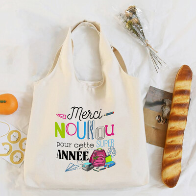 Mulțumesc Nounou Geantă de umăr cu imprimeu francez Geantă tote din pânză Genți de mână pentru femei Harajuku Genți de cumpărături reutilizabile Cadou pentru Nounou